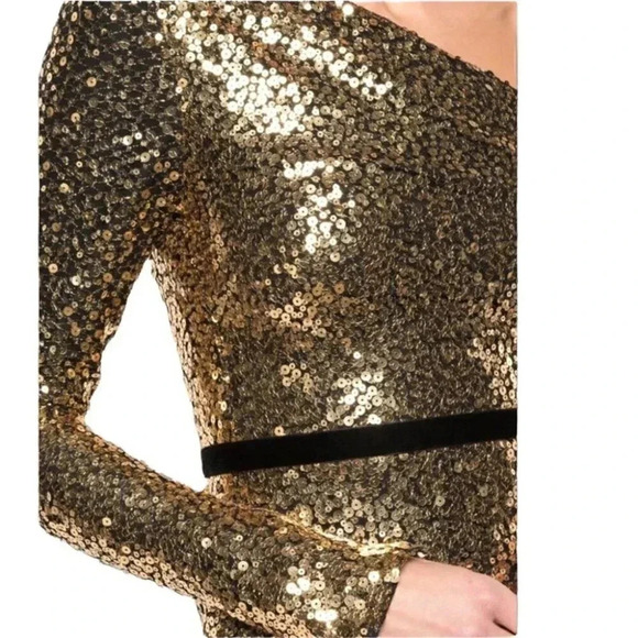 Marchesa Notte Gold Sequin Ruffle Asymmetric One Shoulder Cocktail Dress Size 2 - Picture 3 of 11